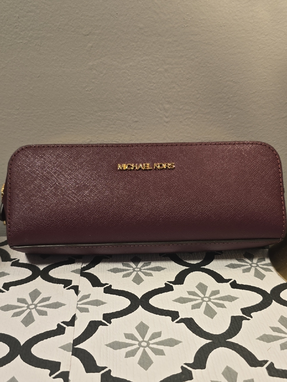 Michael Kors Deep Plum Saffiano Zip Pouch with Gold Logo
